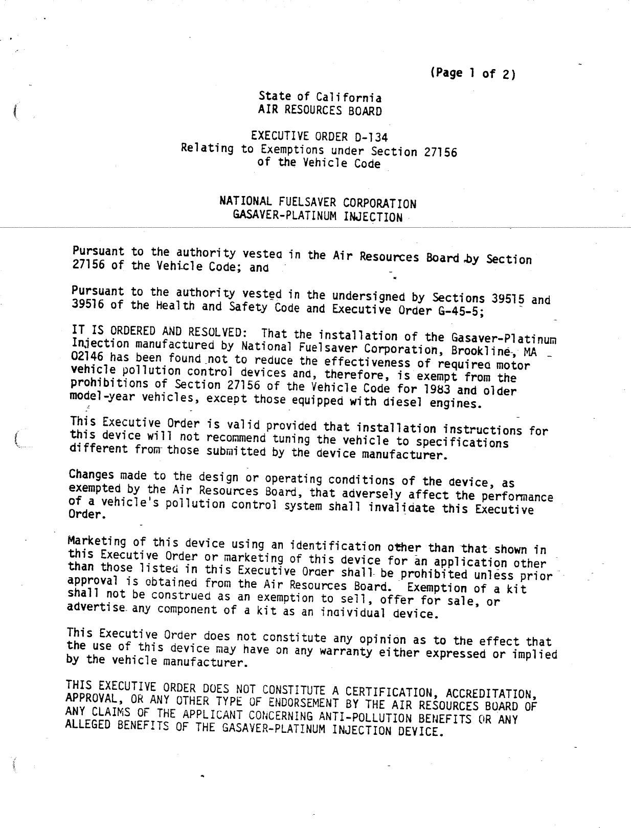 Executive Order D134 National Fuelsaver Corp.