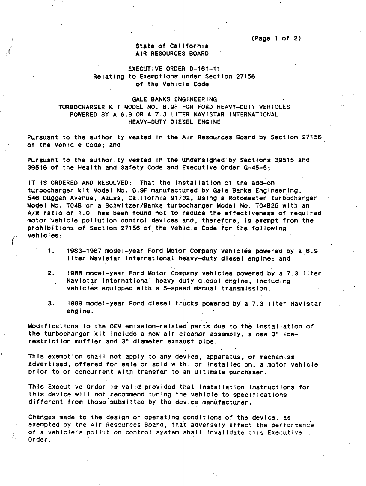 Executive Order D-161-11 Gale Banks Engineering