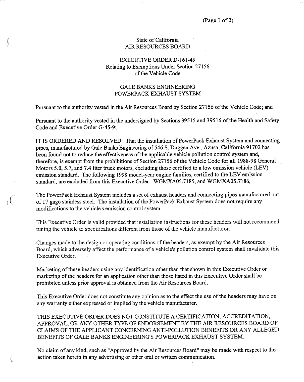 Executive Order D-161-49 Gale Banks Engineering