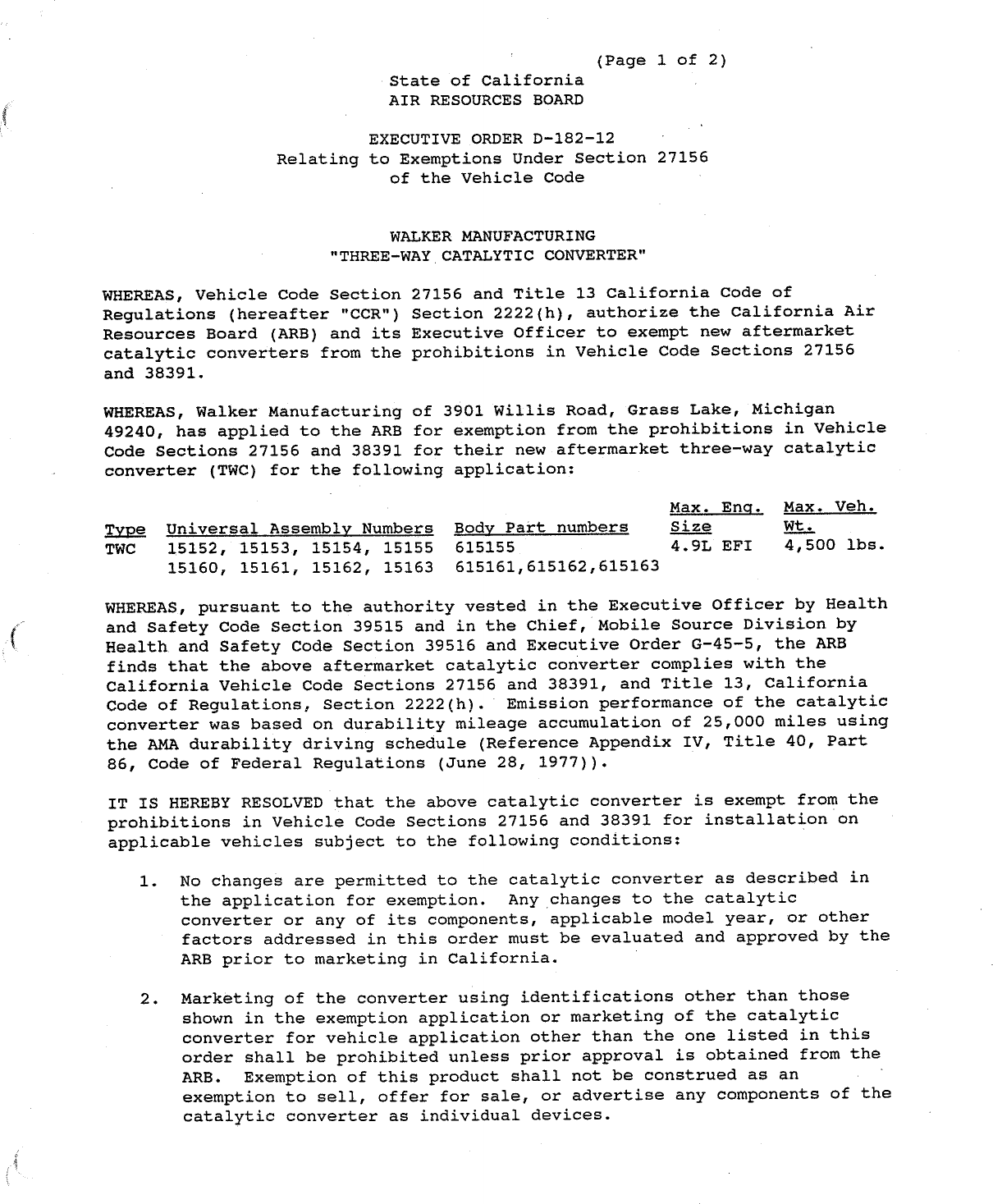 Executive Order D-182-12 Walker Manufacturing Company (dba Tenneco, Inc.)