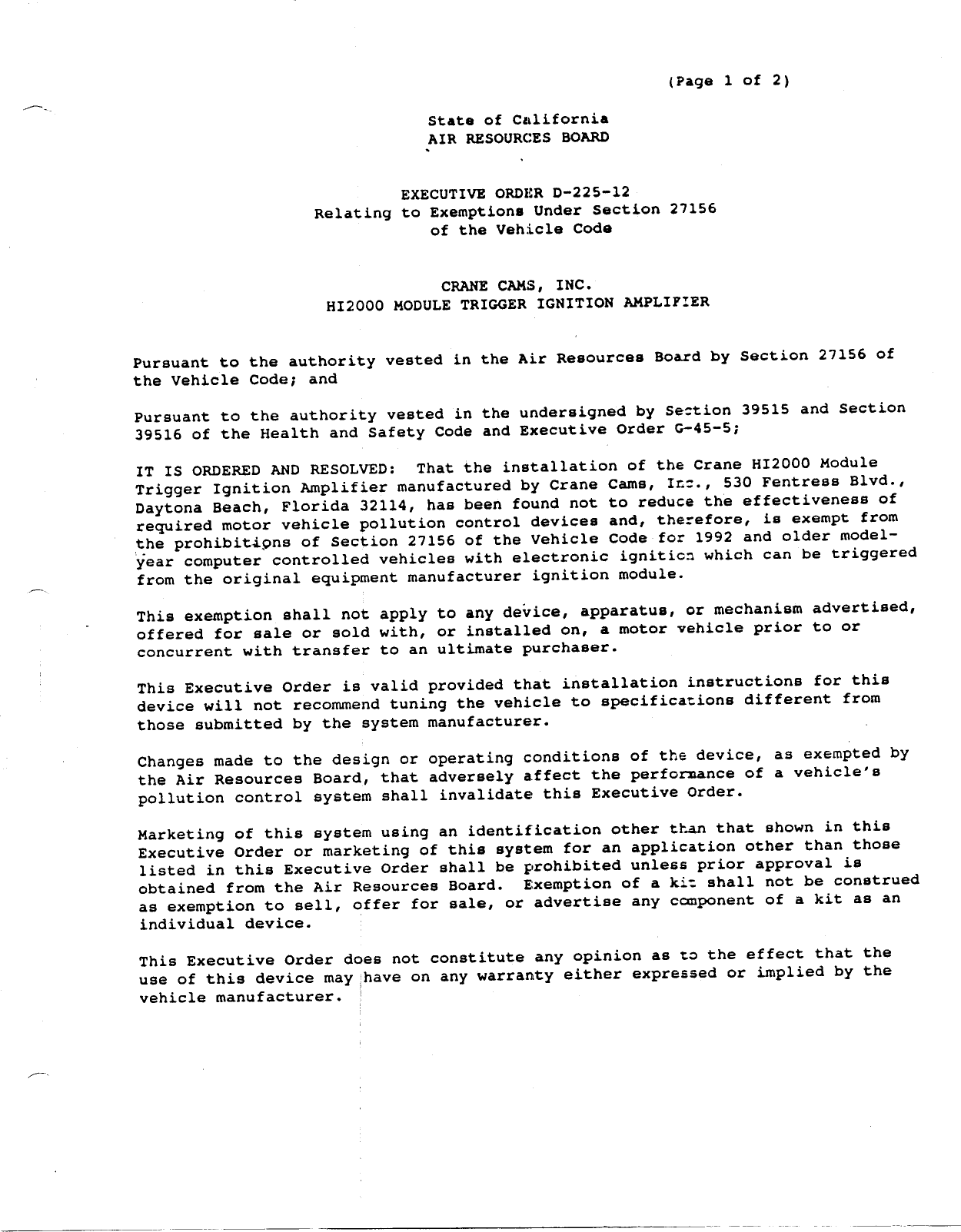 Executive Order D-225-12 Crane Cams, Inc.