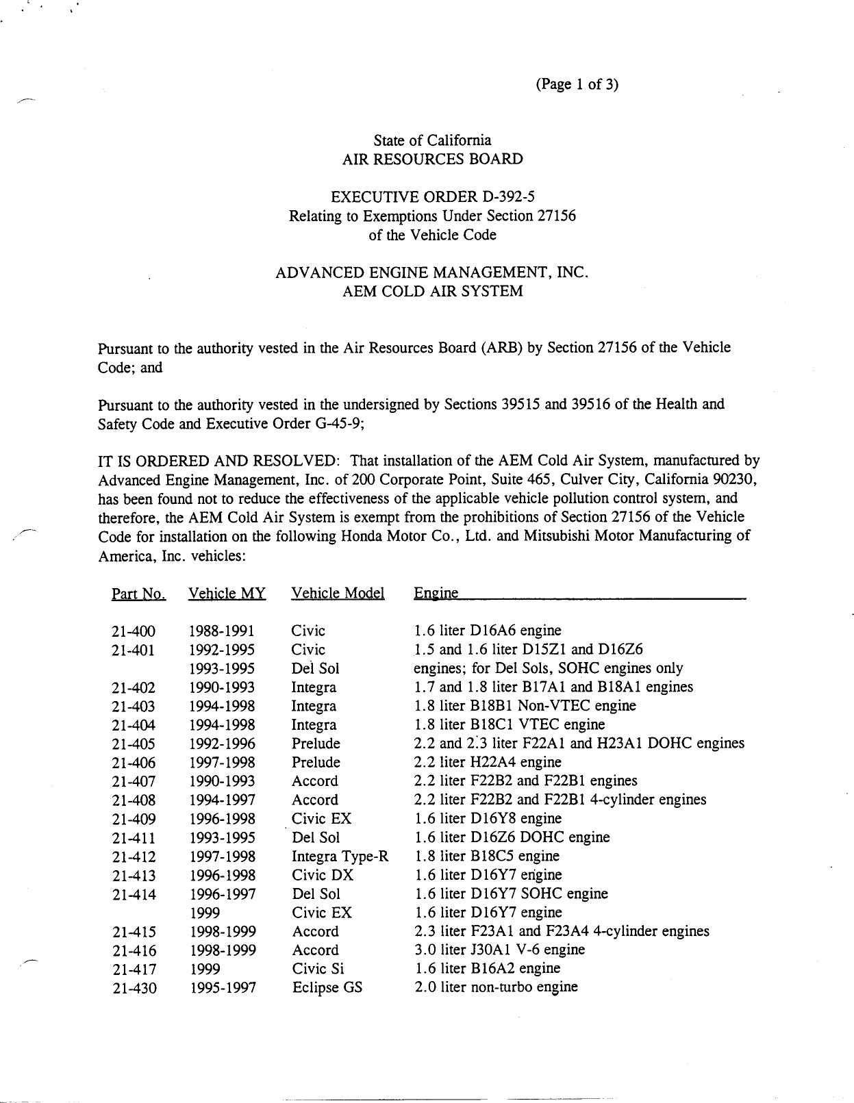 Executive Order D-392-5 Advanced Engine Management