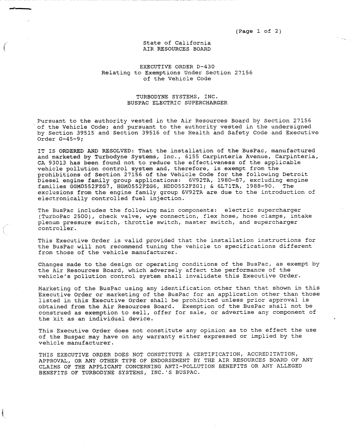 Executive Order D-430 Turbodyne Systems, Inc.